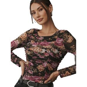 Anthropologie Maeve Sheer Ruched Retro Disco Mesh Long Sleeve‎ Size S Scoop Neck